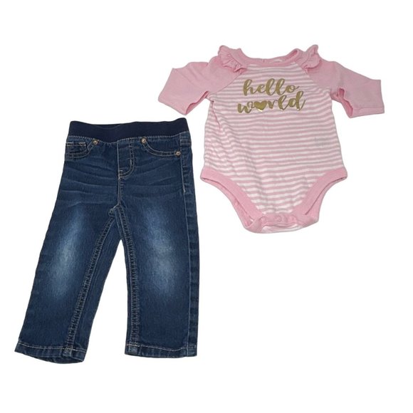 Baby Girl's - 2 Outfits - Jeans, Sweatpants, & 2 Body Suits - Size 12 Month - Picture 2 of 6
